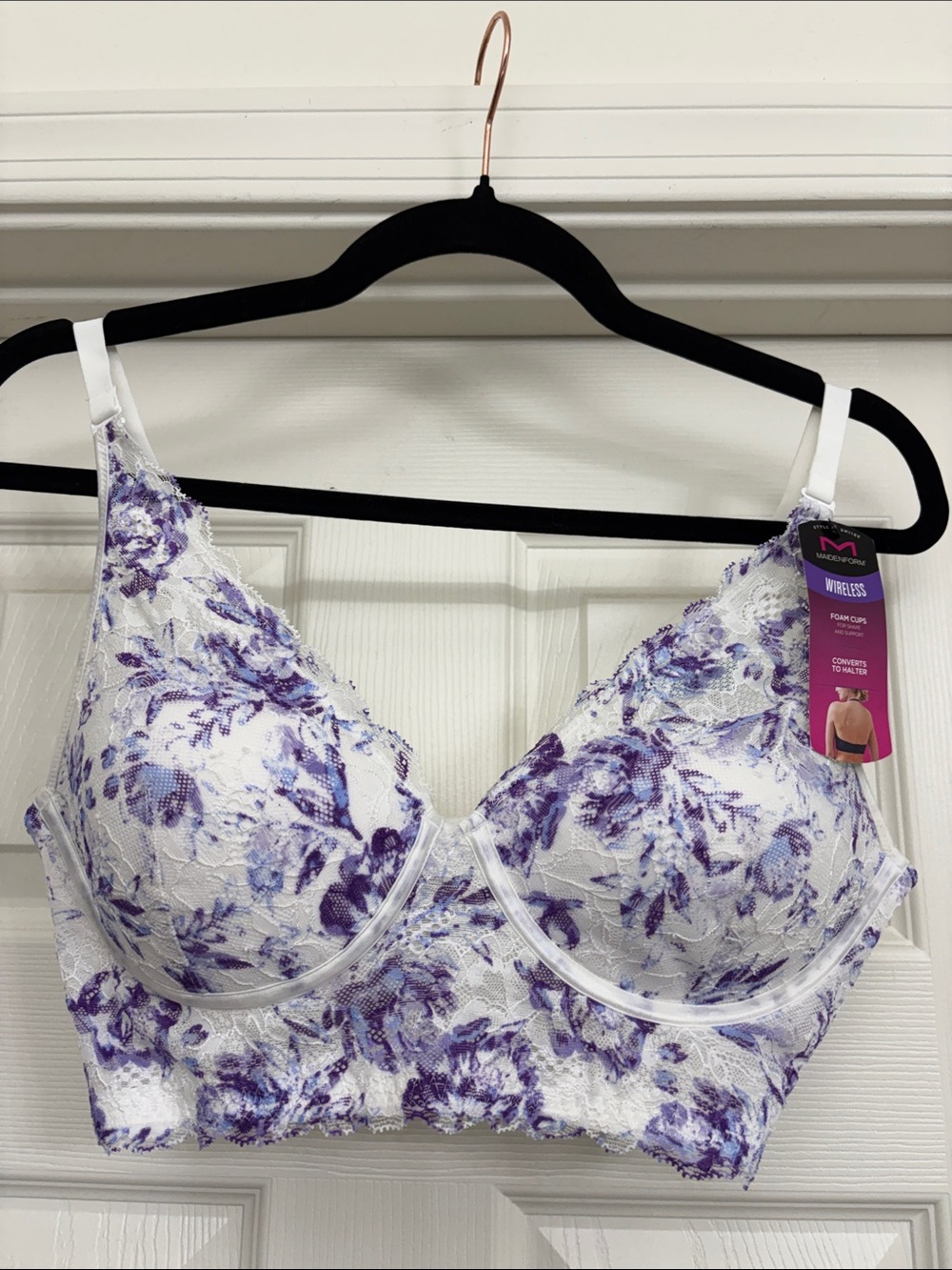 Maidenform White and Purple Floral Wireless Lace Bra